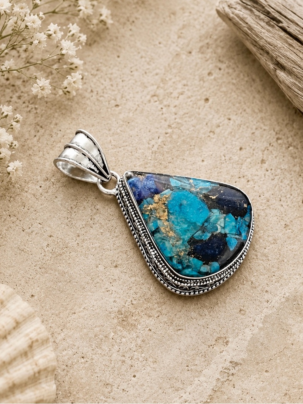 Blue Oyster Turquoise Gemstone Silver Antique Design Pendant - Picture 4 of 5